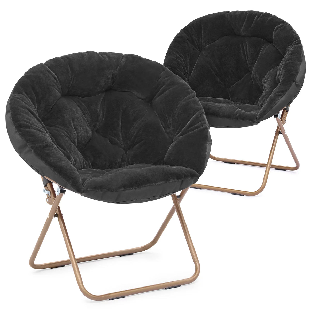 Set of 2 Black Faux Fur Folding Saucer Chair N7941