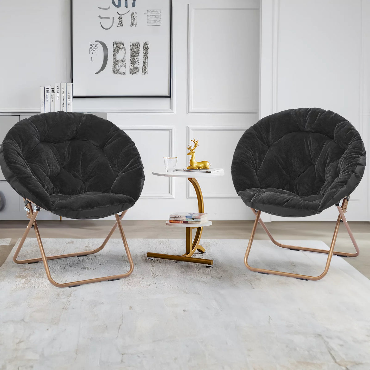 Set of 2 Black Faux Fur Folding Saucer Chair N7941