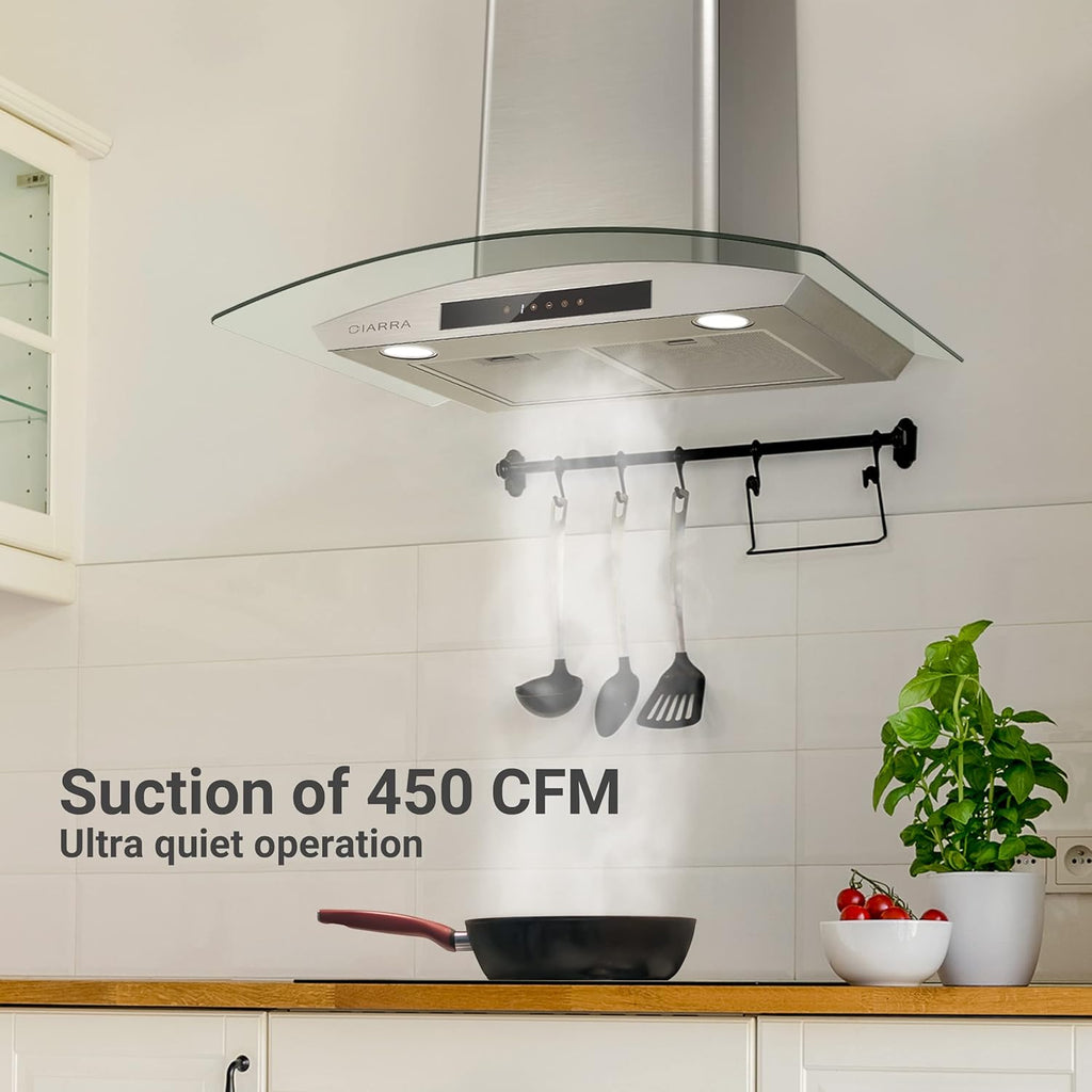 Wall Mount Range Hood 30 inch Stainless Steel Tempered Glass 3 Speed Fan Ductless Convertible X654655