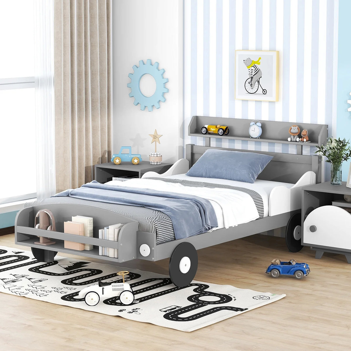 Gray Twin Size Car-Shaped Platform Bed with Storage Shelf U27525