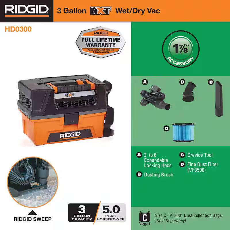 3 Gallon 5.0 Peak HP Wet/Dry Shop Vacuum with Hose and Accessories I2871