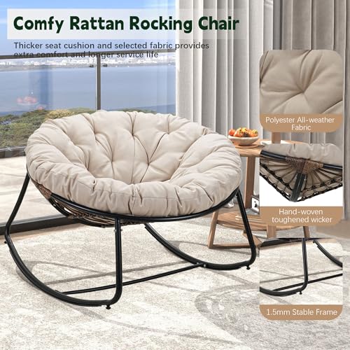 Oversized Wicker Rocking Chair with Beige Cushion O581