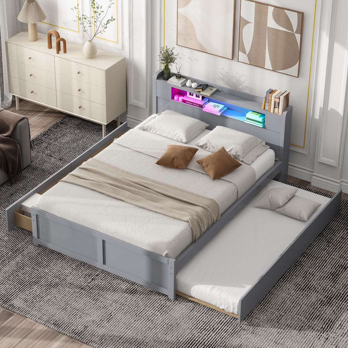 Queen Size White Wood Storage Platform Bed with 2 Drawers and Trundle O453266
