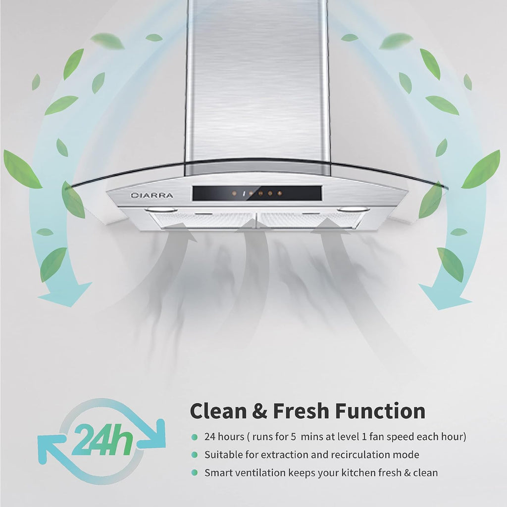 Wall Mount Range Hood 30 inch Stainless Steel Tempered Glass 3 Speed Fan Ductless Convertible X654655