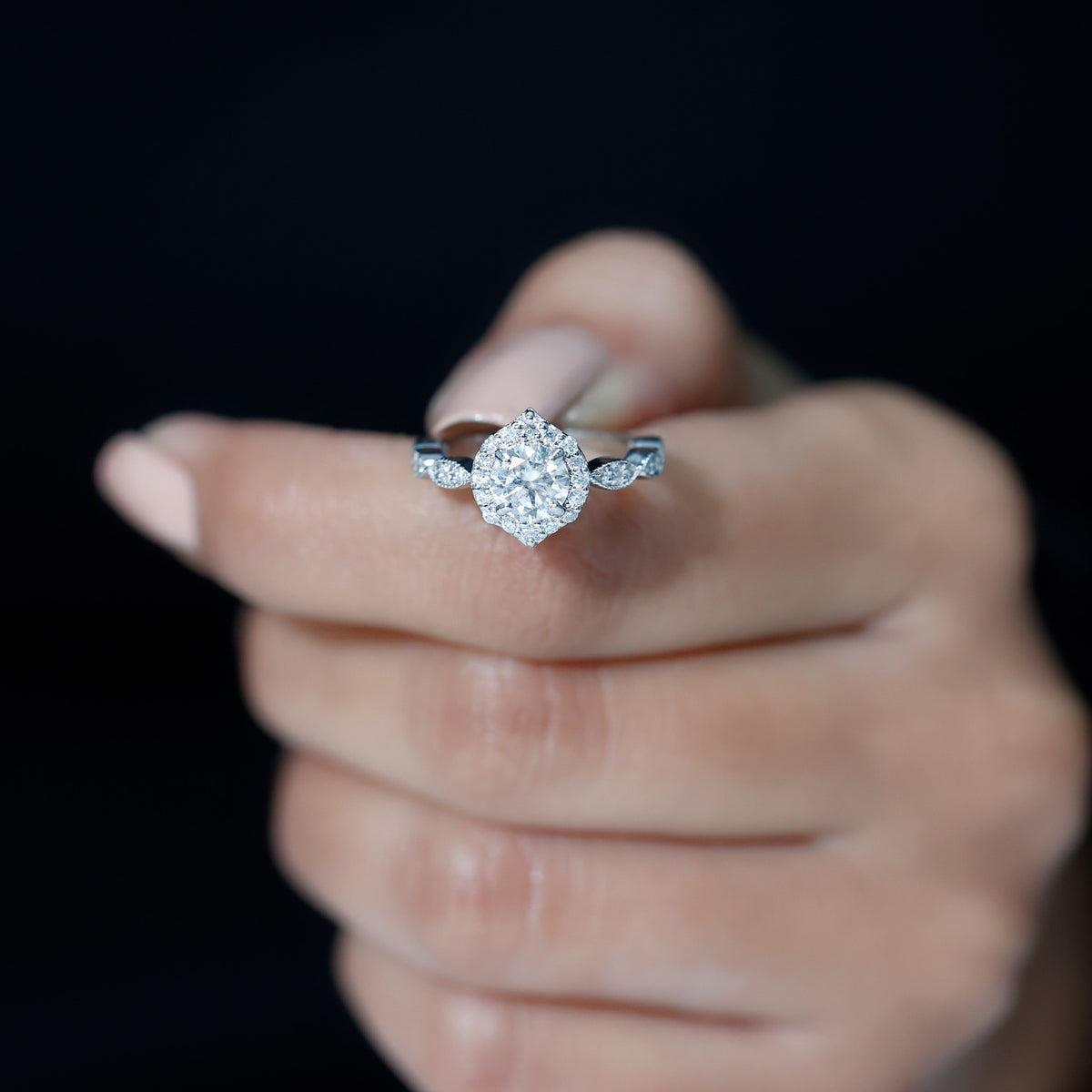 Moissanite Halo Engagement Ring, 925 Sterling Silver, US 4.50 F905579