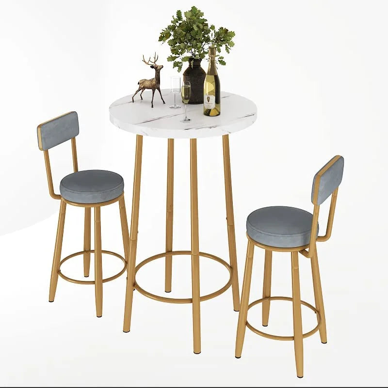 3-Piece Faux Marble Bar Table and 2 Upholstered Stools with Backrest Z10884