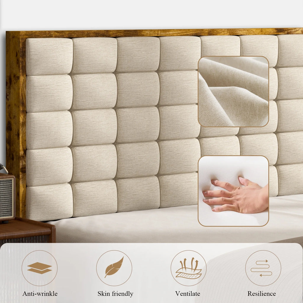 Queen Wood Platform Bed Frame with Upholstered Headboard F168054
