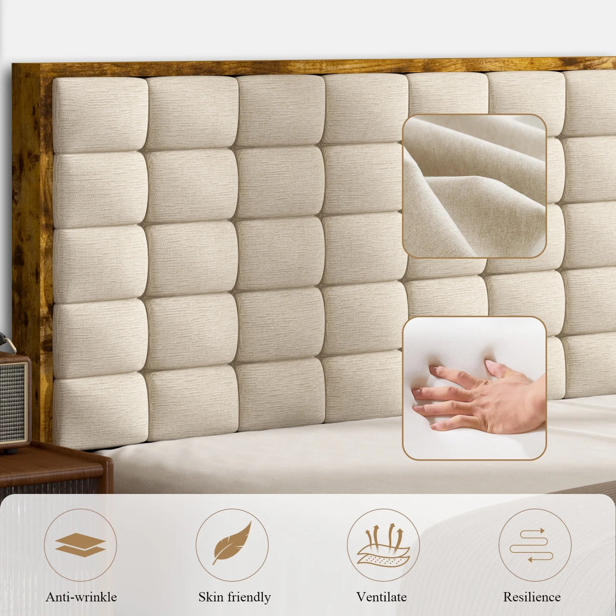 Queen Wood Platform Bed Frame with Upholstered Headboard F168054