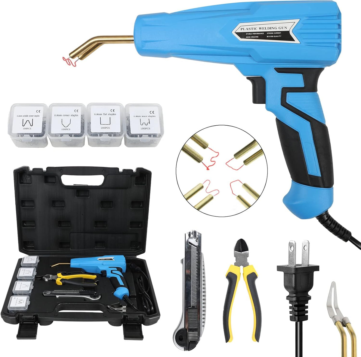 110V 100W Plastic Welder Kit with 4 Types of 100PCS Staples, Hot Stapler Plastic Repair Tools with Pliers, Red Pack of 2 L383