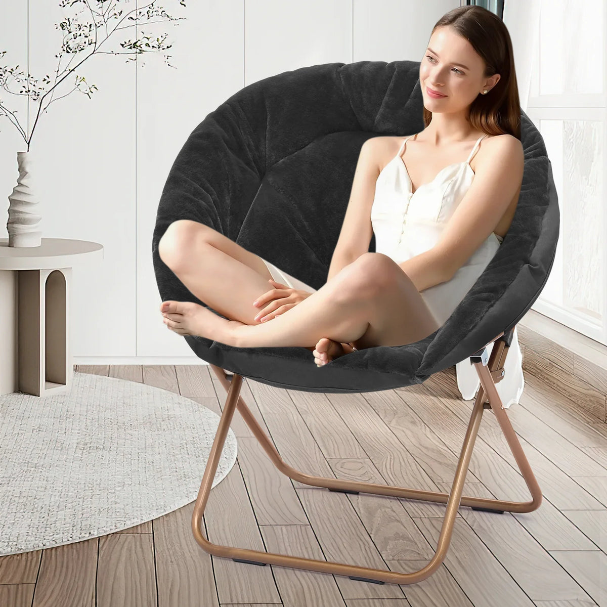 Set of 2 Black Faux Fur Folding Saucer Chair N7941