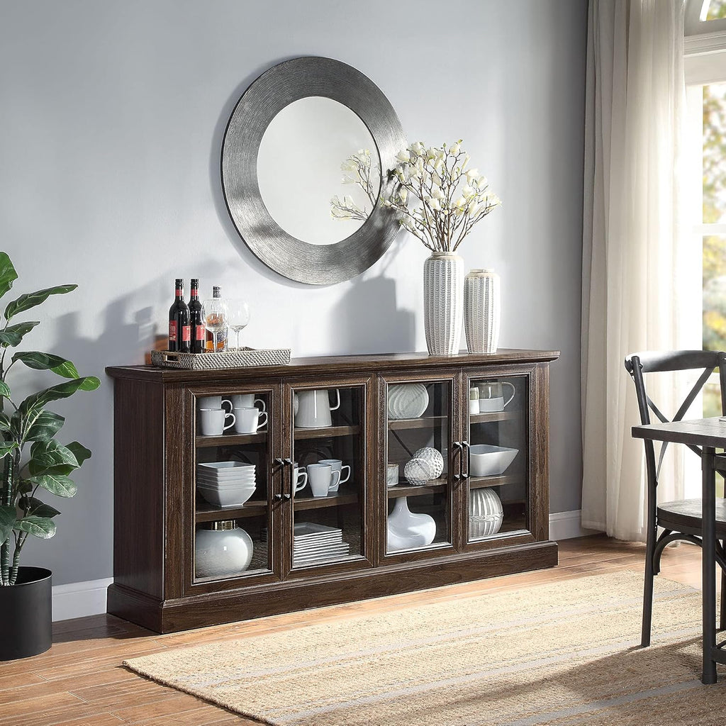 Rustic Grey Wood Sideboard Buffet with Storage Cabinet and Glass Doors Y44635