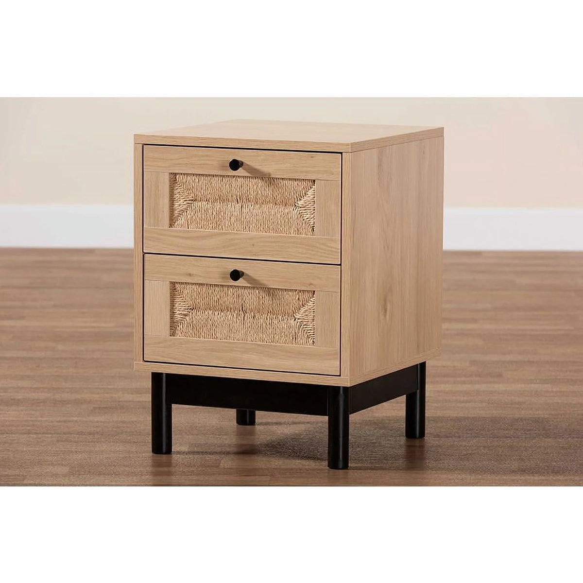 Light Brown Black Wood 2-Drawer Square End Table P4932