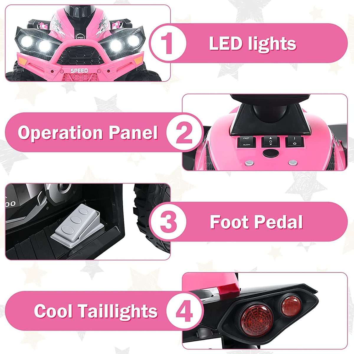 12V 4 Wheeler Quad Toy Ride On ATV with LED Lights (Coral) P8722