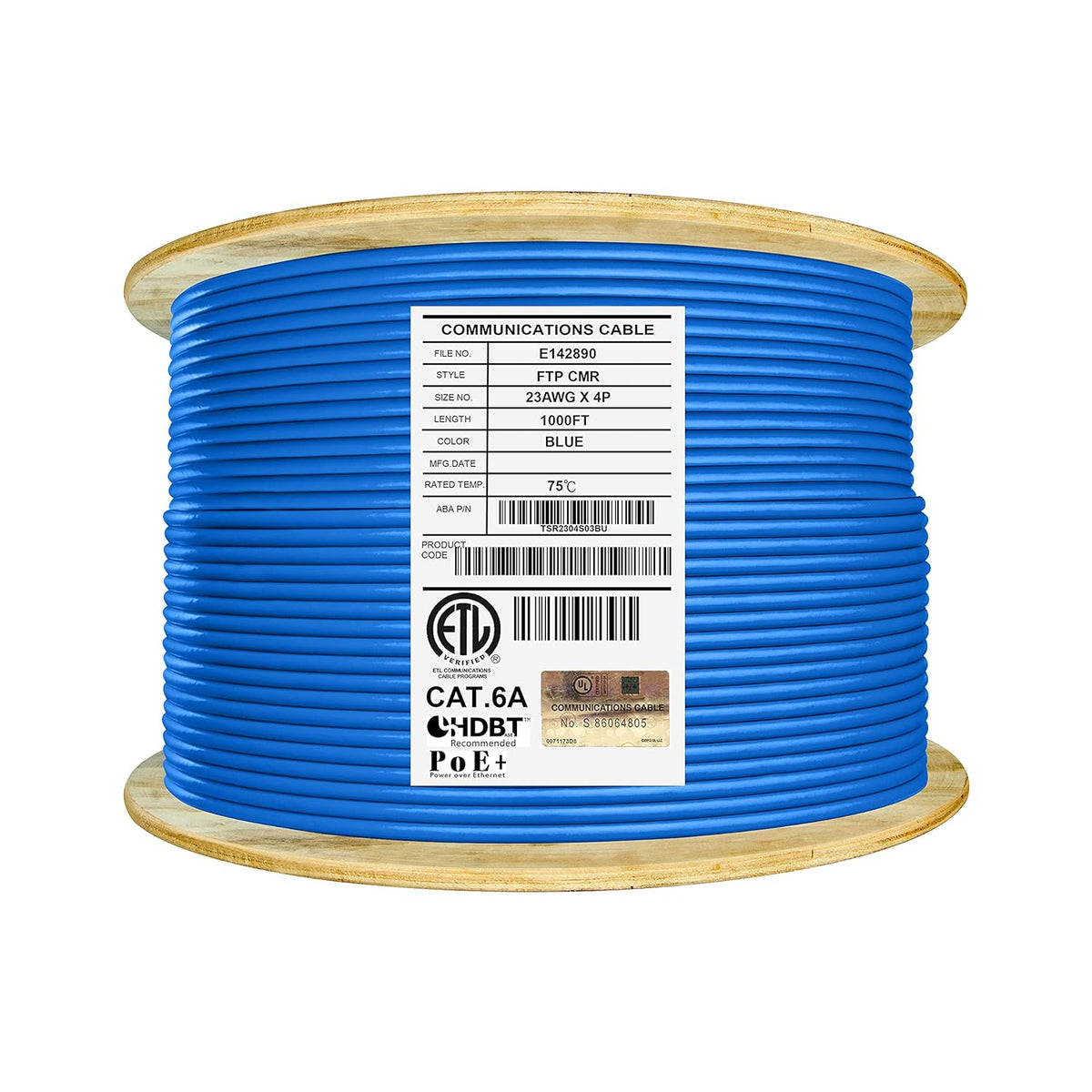Bulk Ethernet Cable Reel, Cat6A Shielded Riser, 1000ft, FTP 23AWG, Solid Bare Copper, Blue B741902
