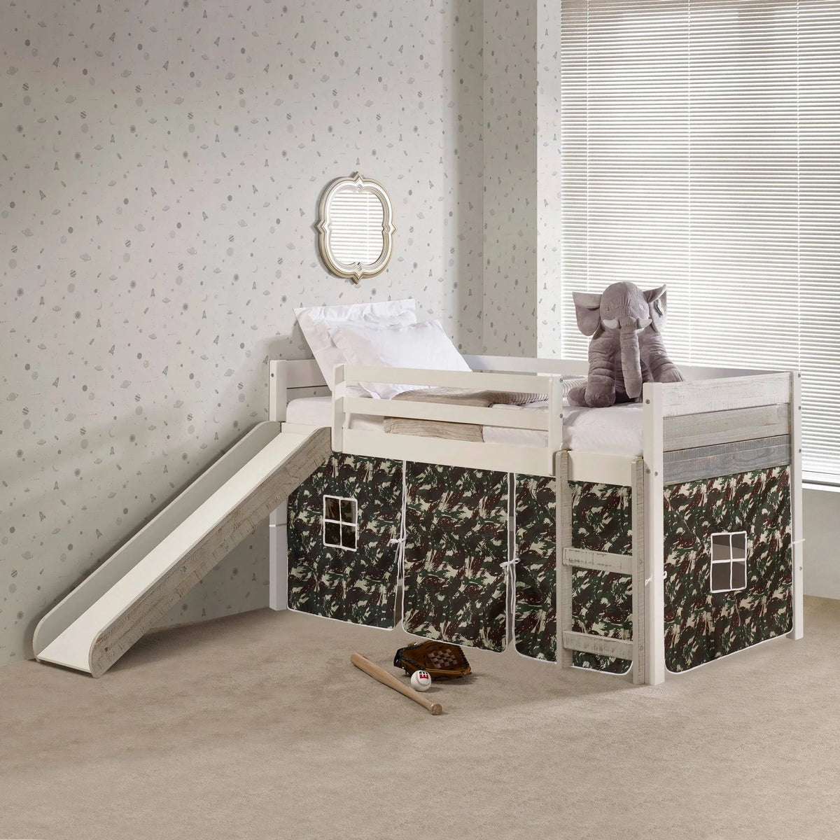 Twin Panel Low Loft Bed with Slide in Two-Tone Grey/White Finish K324