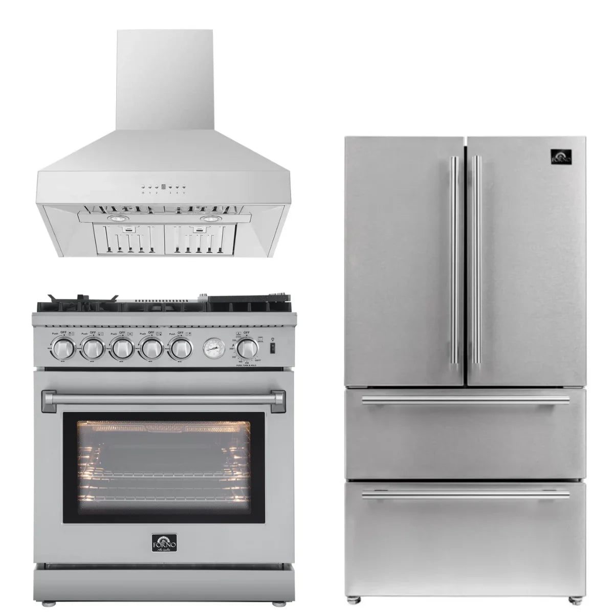 30 Gas Range with Airfryer, Range Hood, 36 Refrigerator I80725